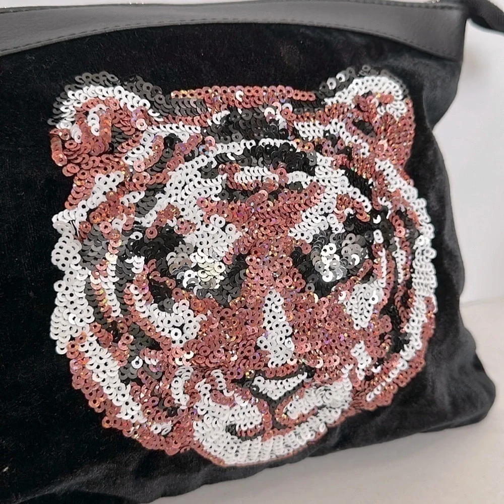 CUTE Y2K LARGE SEQUIN TIGER BLACK POMPOM MINI PURSE tiger AESTHETIC